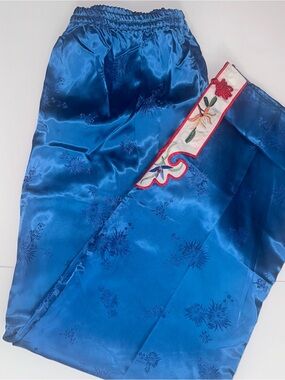 Vintage Chinoiserie Blue Satin Embroidered  Pants